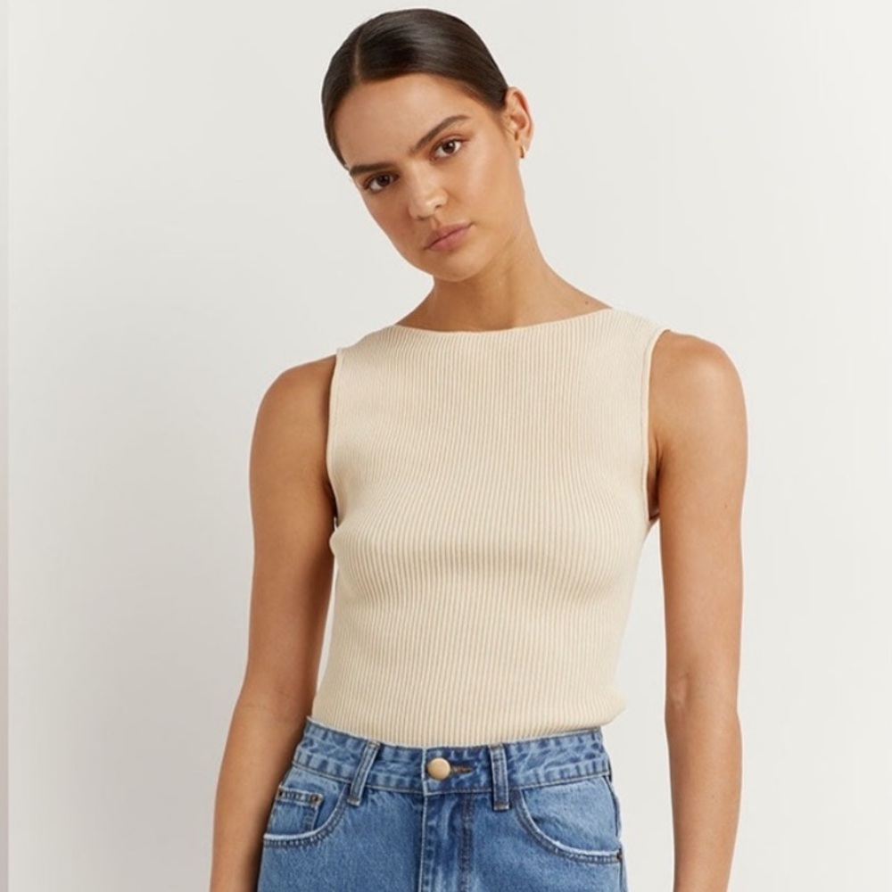 DISSH | Aria Ribbed High Neck Knit Tank Top in Brown - M